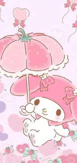 Cute pink cartoon character holding a flower umbrella with hearts.