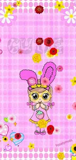 Cute cartoon wallpaper with pink dots and hearts.