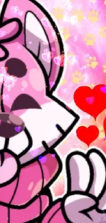 Cute pink cartoon wallpaper with hearts and paws.