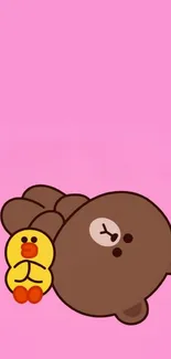 Cute cartoon bear and duck on pink background.