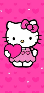 Cute cartoon cat in pink holding a heart on wallpaper.