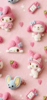 Cute pink cartoon wallpaper with playful characters and strawberries.