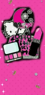 Pink cartoon wallpaper with makeup and sparkles.