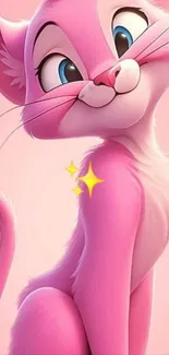 Cute pink cartoon cat with a big smile.