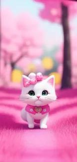 Adorable white cat in pink forest with cherry blossoms.