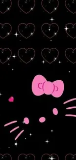 Cute pink cat and hearts on black wallpaper.