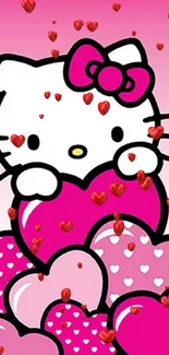 Cute white cat with pink hearts mobile wallpaper.