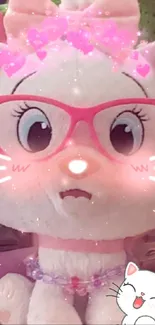 Cute plush cat with pink glasses and hearts decoration.