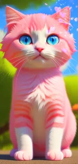 Pink cat with blue eyes sitting in a colorful meadow with flowers.