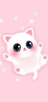 Adorable fluffy white cat on pink background wallpaper.