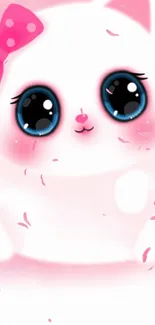 Cute cartoon cat with big eyes and pink bow.