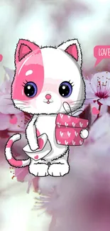 Kawaii cat with pink hearts and cherry blossoms on phone wallpaper.