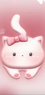 Adorable pink cartoon cat with bow on pink background.