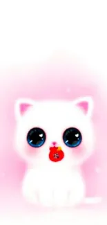 Adorable pink cat with bright eyes on a soft pastel background.