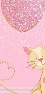 Cute pink cat with a sparkling heart on wallpaper.