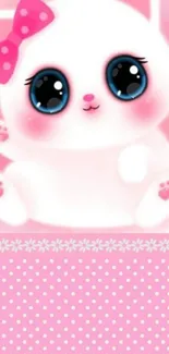 Cute pink cat wallpaper with bow and blue eyes.