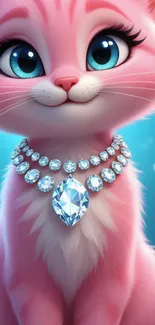Adorable pink cat with diamond necklace and blue eyes in cartoon style.