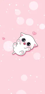 Cute white cat on soft pink background with hearts.