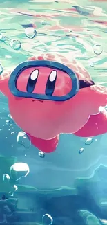 Pink character swims underwater with goggles in vibrant art scene.