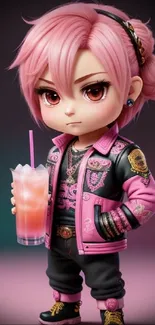 Adorable pink-haired character with a drink in a stylish jacket.