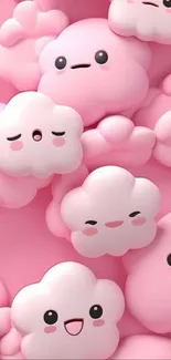 Cute pink cartoon clouds with happy faces.