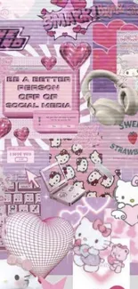 Cute pink collage mobile wallpaper with adorable characters and hearts.