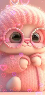 Cute cartoon character in pink sweater and hat with glasses.