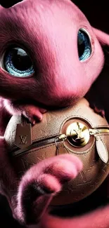 Cute pink creature with blue eyes holding a brown bag wallpaper.