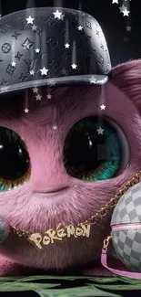 Adorable pink creature with big eyes and stylish accessories on a mobile wallpaper.