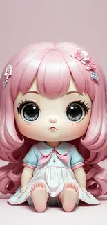 Cute pink doll with big eyes and pastel colors in a mobile wallpaper.