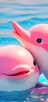 Cute pink dolphins play in blue ocean water.