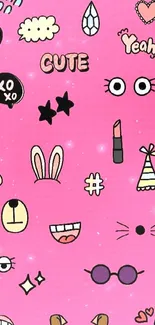 Cute pink doodle wallpaper with whimsical icons.