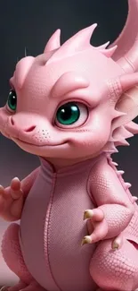 Adorable pink dragon with striking green eyes, ideal for a mobile wallpaper.