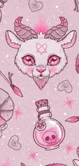 Cute pink fantasy goat wallpaper with magical elements.