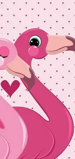 Cute pink flamingo wallpaper with hearts and a colorful design.