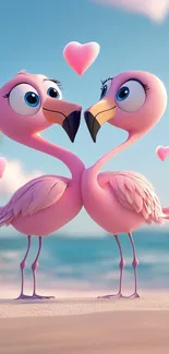 Cartoon pink flamingos with hearts by the beach