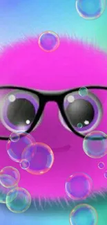 Cute pink fluffy creature with glasses on a vibrant gradient background wallpaper.