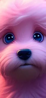 Pink fluffy dog with big blue eyes.