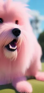 Pink fluffy dog outdoors with blue sky and green grass.