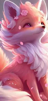 Cute pink fox surrounded by cherry blossoms in fantasy art.