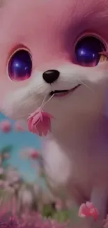 Adorable pink fox with flower in mouth on fantasy wallpaper.