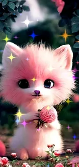 Cute pink fox holding a rose in a floral setting with vibrant colors.