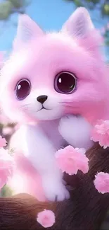 Pink fluffy fox with cherry blossoms on a tree.