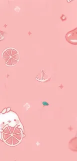 Pink wallpaper with kawaii fruit illustrations.