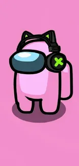 Cute pink character with headphones on a bright pink background.