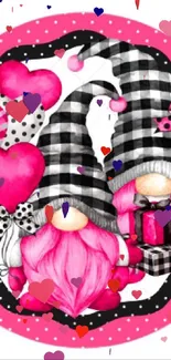 Cute pink gnomes with hearts and gift on a mobile wallpaper.