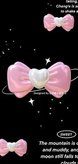 Pink heart bow with stars and quotes on black background.