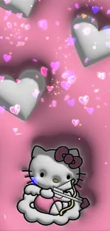 Cute pink wallpaper with hearts and cartoon character.