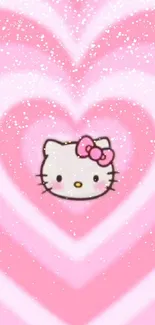 Cute pink heart wallpaper with cartoon cat face.