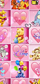 Cute pink wallpaper with hearts and cartoon characters.